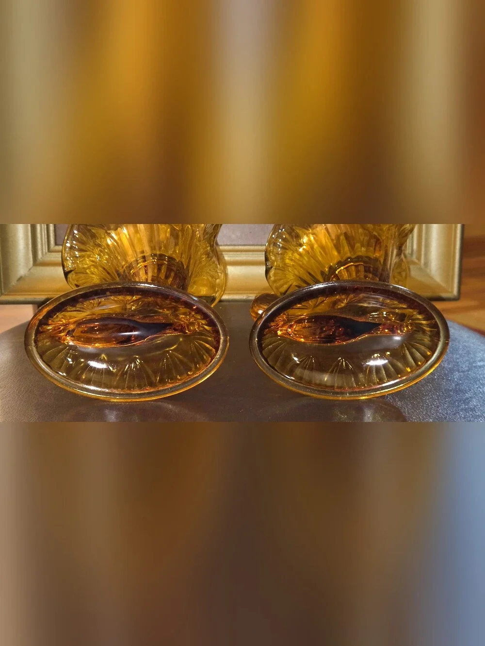 Set of Fenton Amber Glass Cornucopia Candleholders w Ruffled Rims & Fluted Base